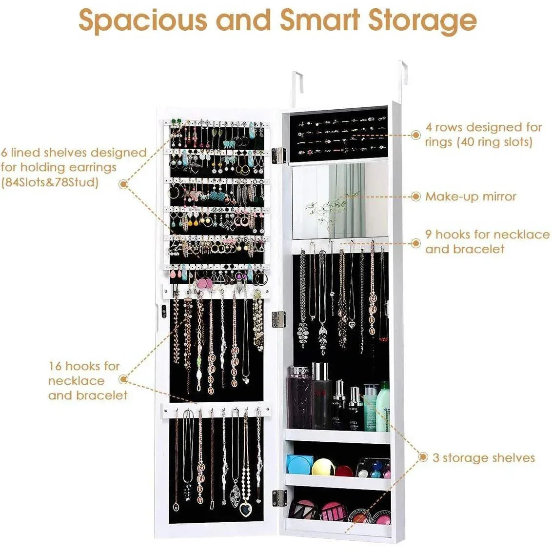 2-in-1 Wall or Door Mounted Jewelry Organizer Full Length Mirror in White