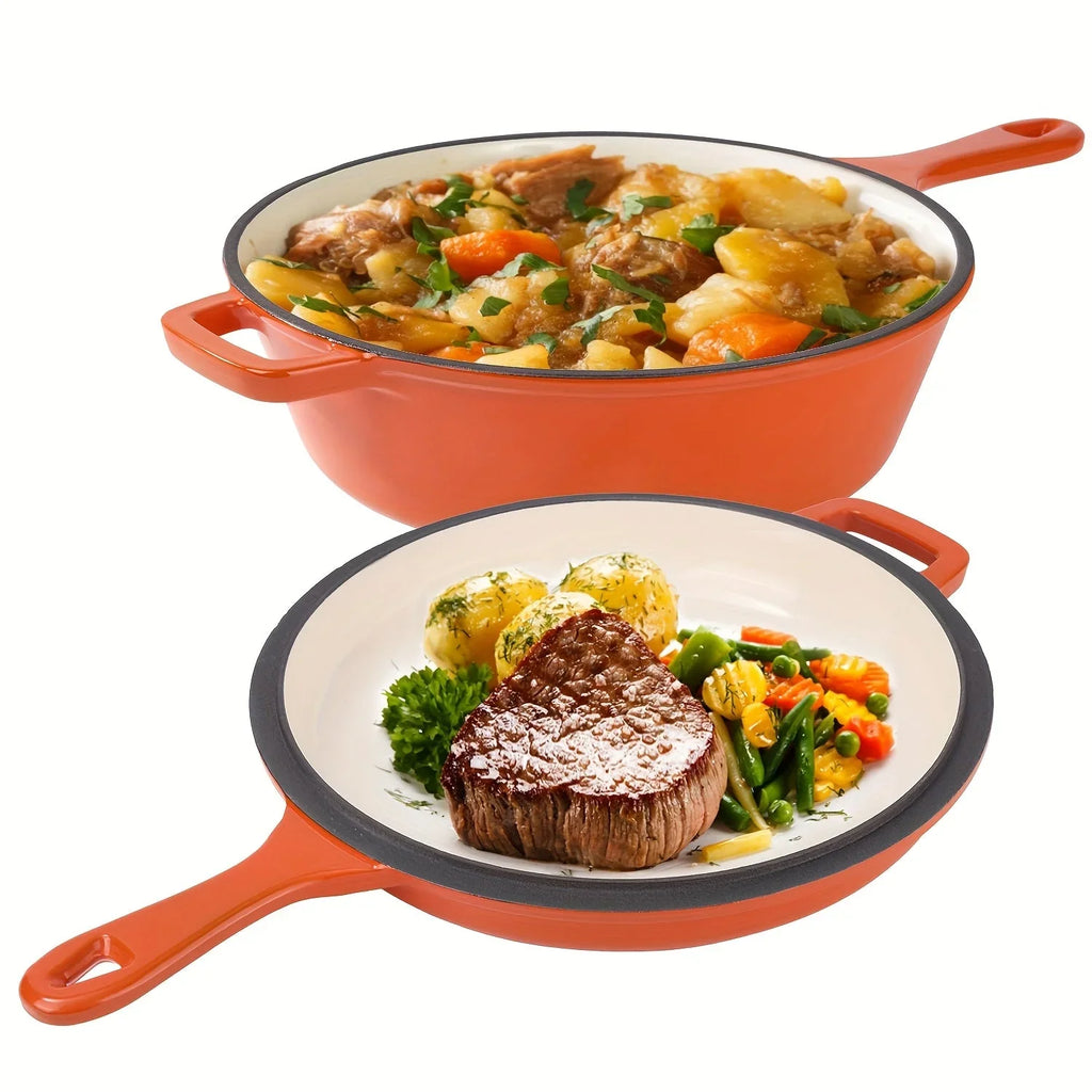 [2-in-1 Cast Iron Skillets] 2-in-1 Enameled Cast Iron Skillets Set | 3QT Dutch Oven + 1.5QT Skillet With Lid For Frying, Baking, Stewing, Grilling, Indoor And Outdoor House Of Avana