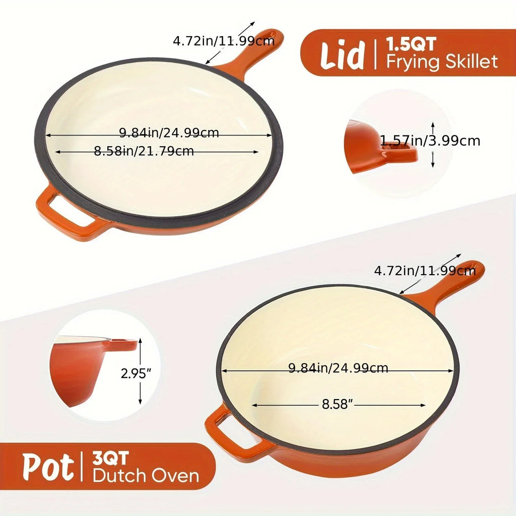 [2-in-1 Cast Iron Skillets] 2-in-1 Enameled Cast Iron Skillets Set | 3QT Dutch Oven + 1.5QT Skillet With Lid For Frying, Baking, Stewing, Grilling, Indoor And Outdoor House Of Avana