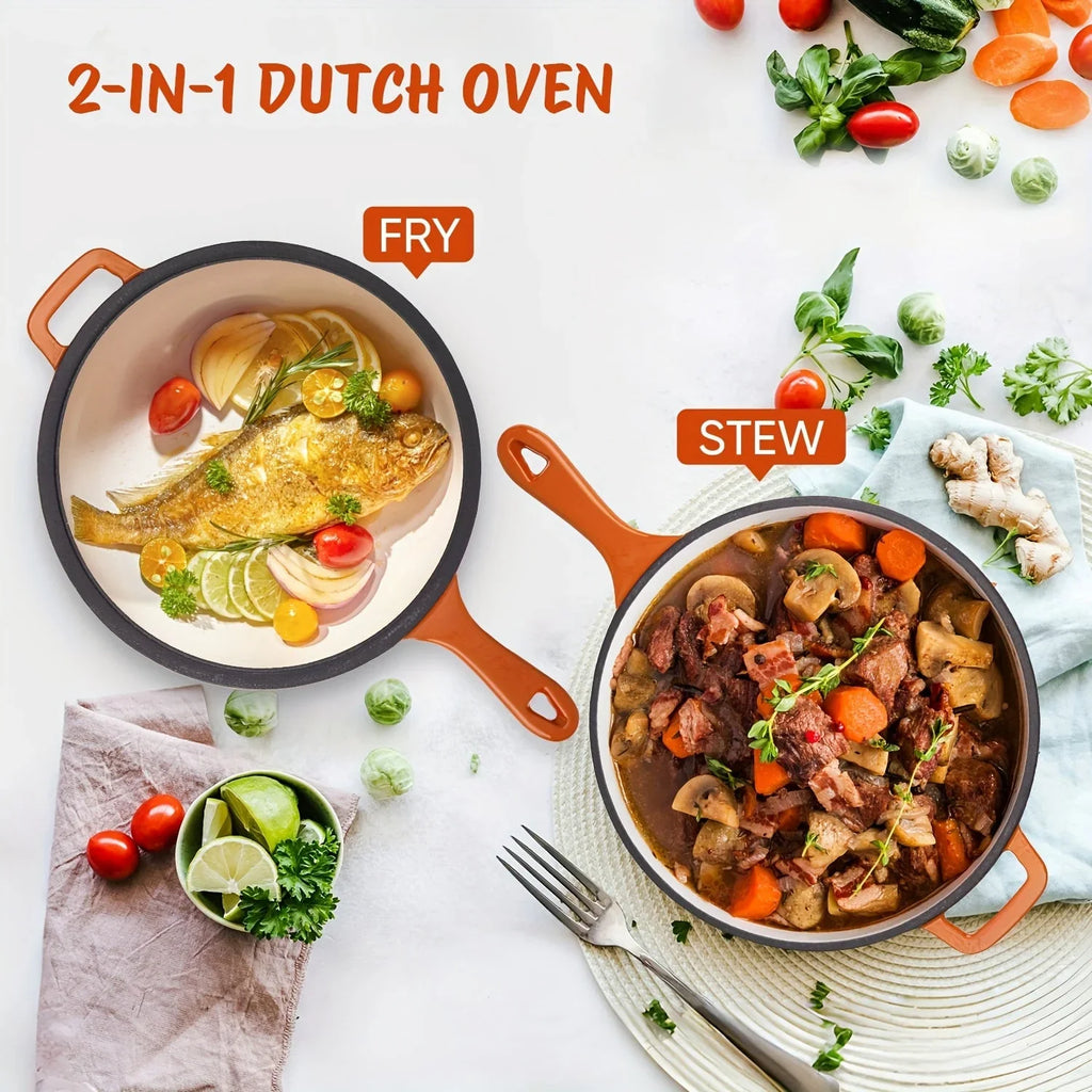 [2-in-1 Cast Iron Skillets] 2-in-1 Enameled Cast Iron Skillets Set | 3QT Dutch Oven + 1.5QT Skillet With Lid For Frying, Baking, Stewing, Grilling, Indoor And Outdoor House Of Avana