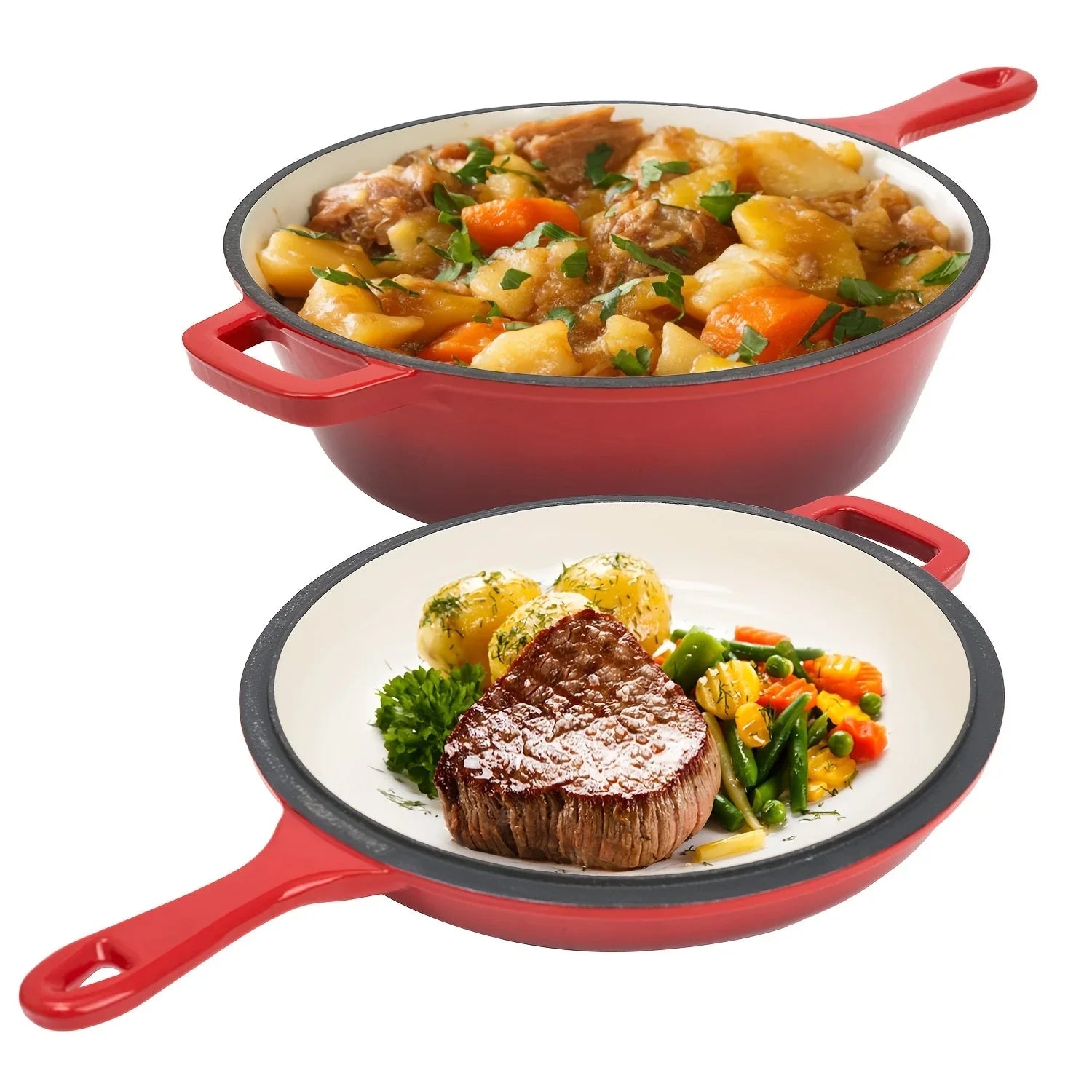 [2-in-1 Cast Iron Skillets] 2-in-1 Enameled Cast Iron Skillets Set | 3QT Dutch Oven + 1.5QT Skillet With Lid For Frying, Baking, Stewing, Grilling, Indoor And Outdoor House Of Avana