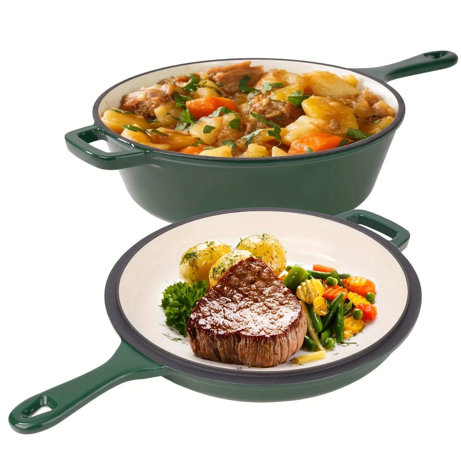 [2-in-1 Cast Iron Skillets] 2-in-1 Enameled Cast Iron Skillets Set | 3QT Dutch Oven + 1.5QT Skillet With Lid For Frying, Baking, Stewing, Grilling, Indoor And Outdoor House Of Avana