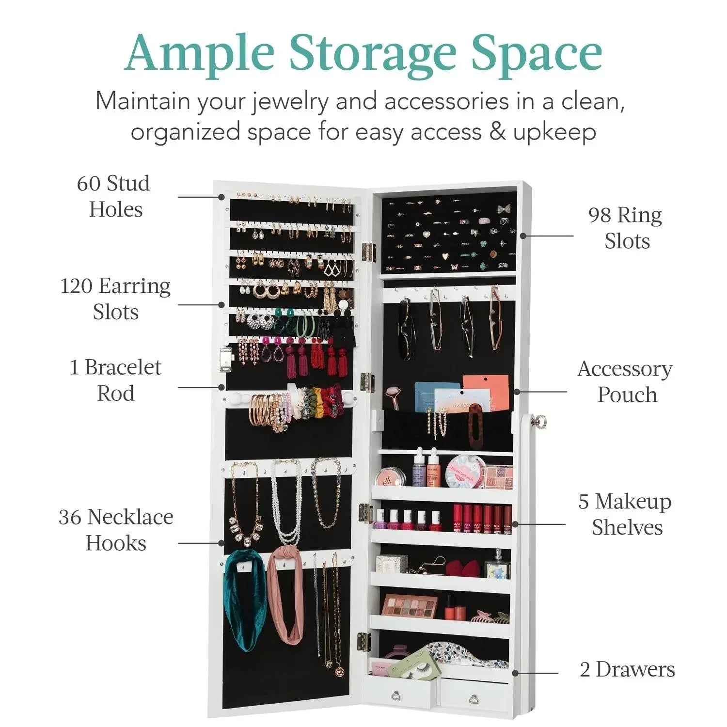 2-in-1 White Freestanding Mirror / Jewelry Organizer Armoire Cabinet