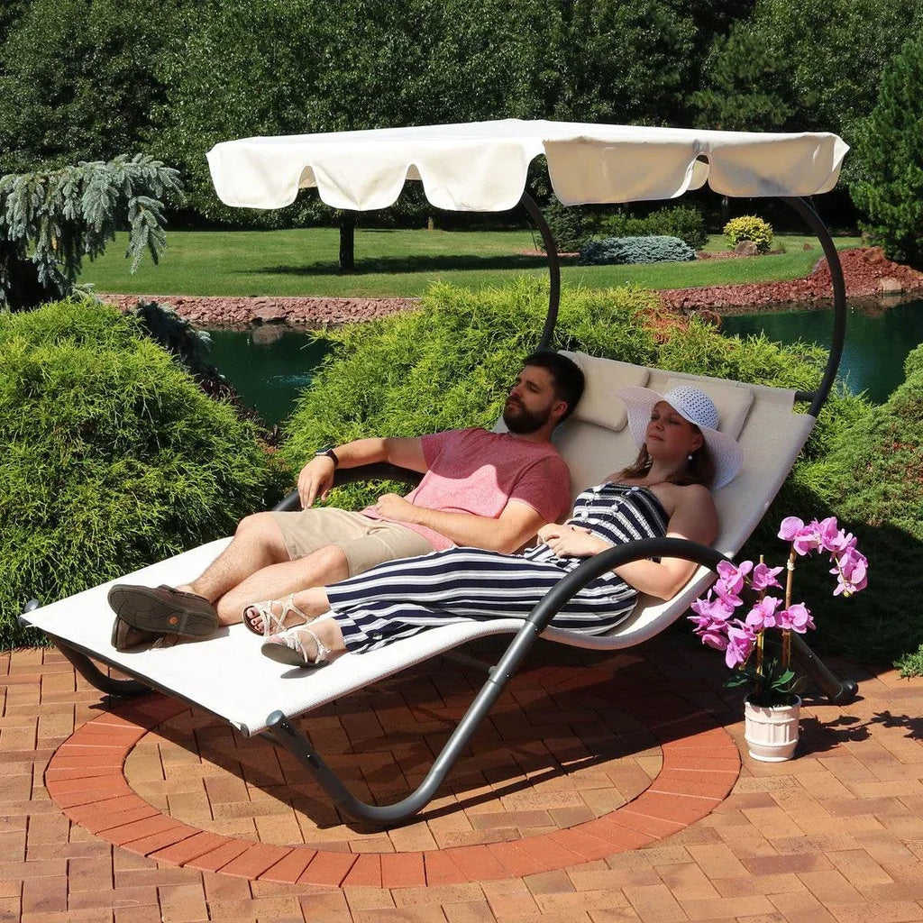 2 Person Off White Outdoor Patio Chaise Lounger Chair Canopy Bed with Pillows