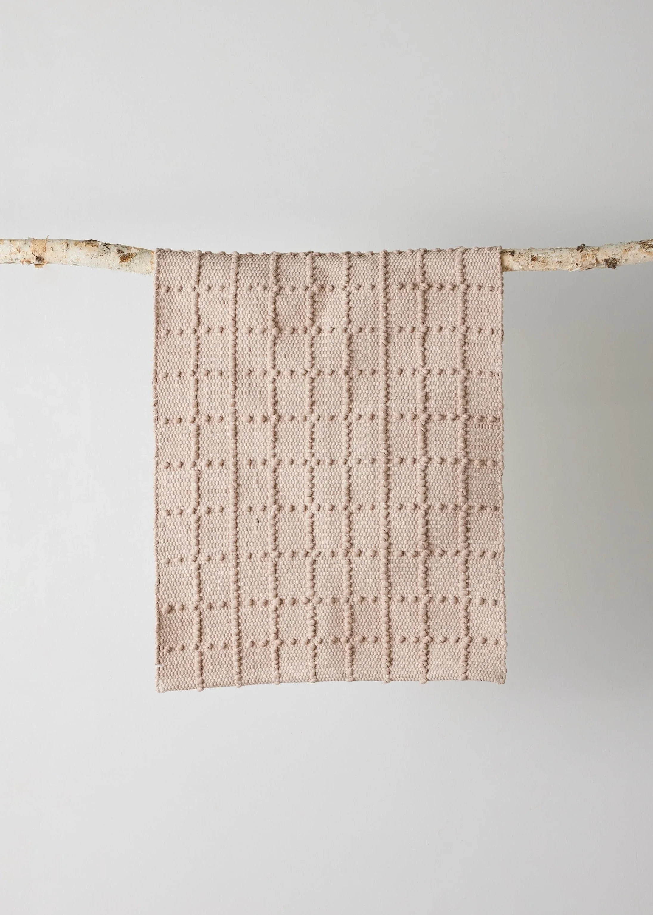 Blush Pink Plaid Hand-Loomed Cotton Bobble Mat Kanju Interiors
