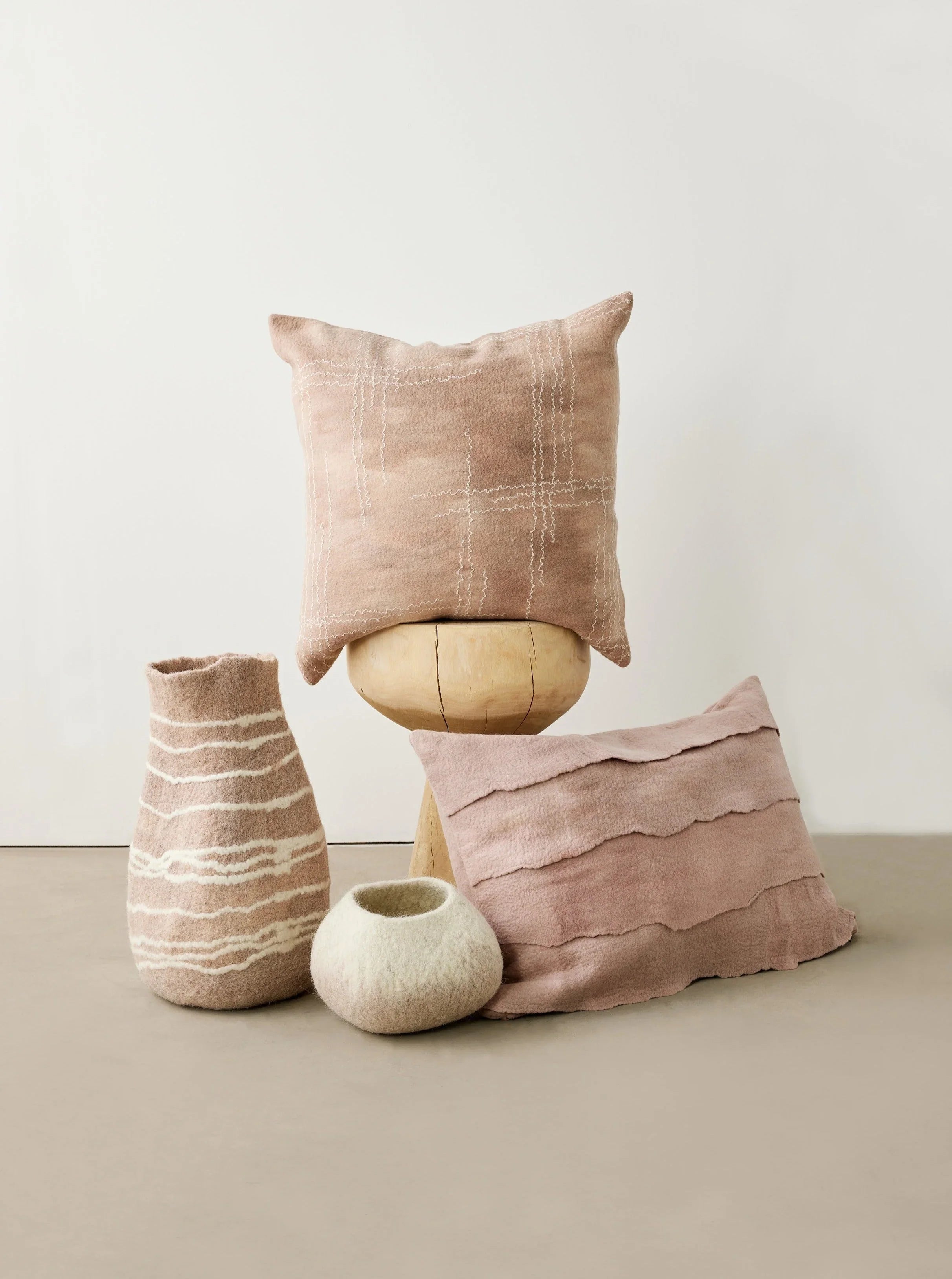 Linear Dusty Rose Hand-Felted Merino Wool Throw Pillow Kanju Interiors