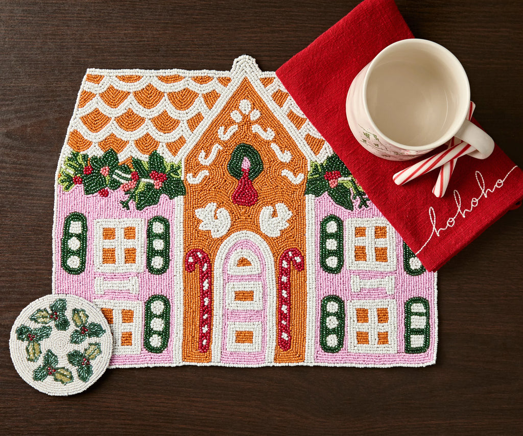 Handcrafted Gingerbread House Beaded Placemat, Beaded Holiday Table Decor, Christmas special beaded placemat by Payton James, Christmas decoration gift for her Payton James
