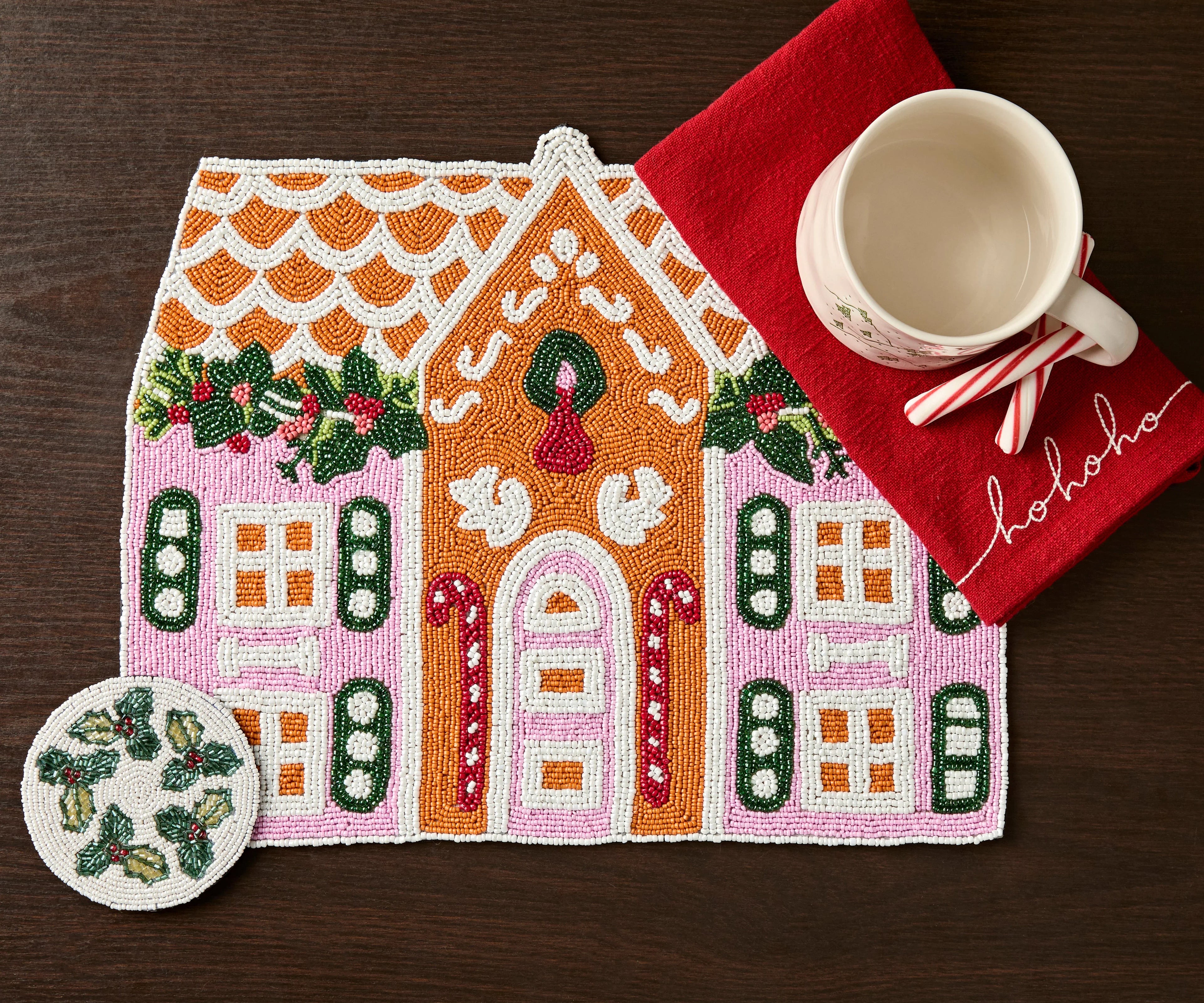 Handcrafted Gingerbread House Beaded Placemat, Beaded Holiday Table Decor, Christmas special beaded placemat by Payton James, Christmas decoration gift for her Payton James
