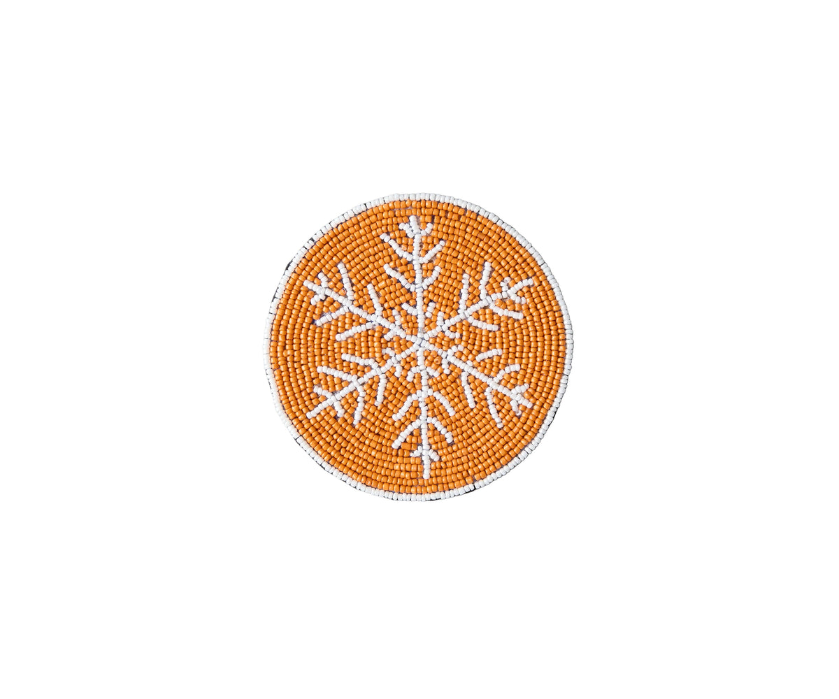 Handmade Beaded Christmas Snowflakes Coasters, White and Yellow Beads, Payton James Holiday Table Decor, Elegant Centerpiece Gift Idea