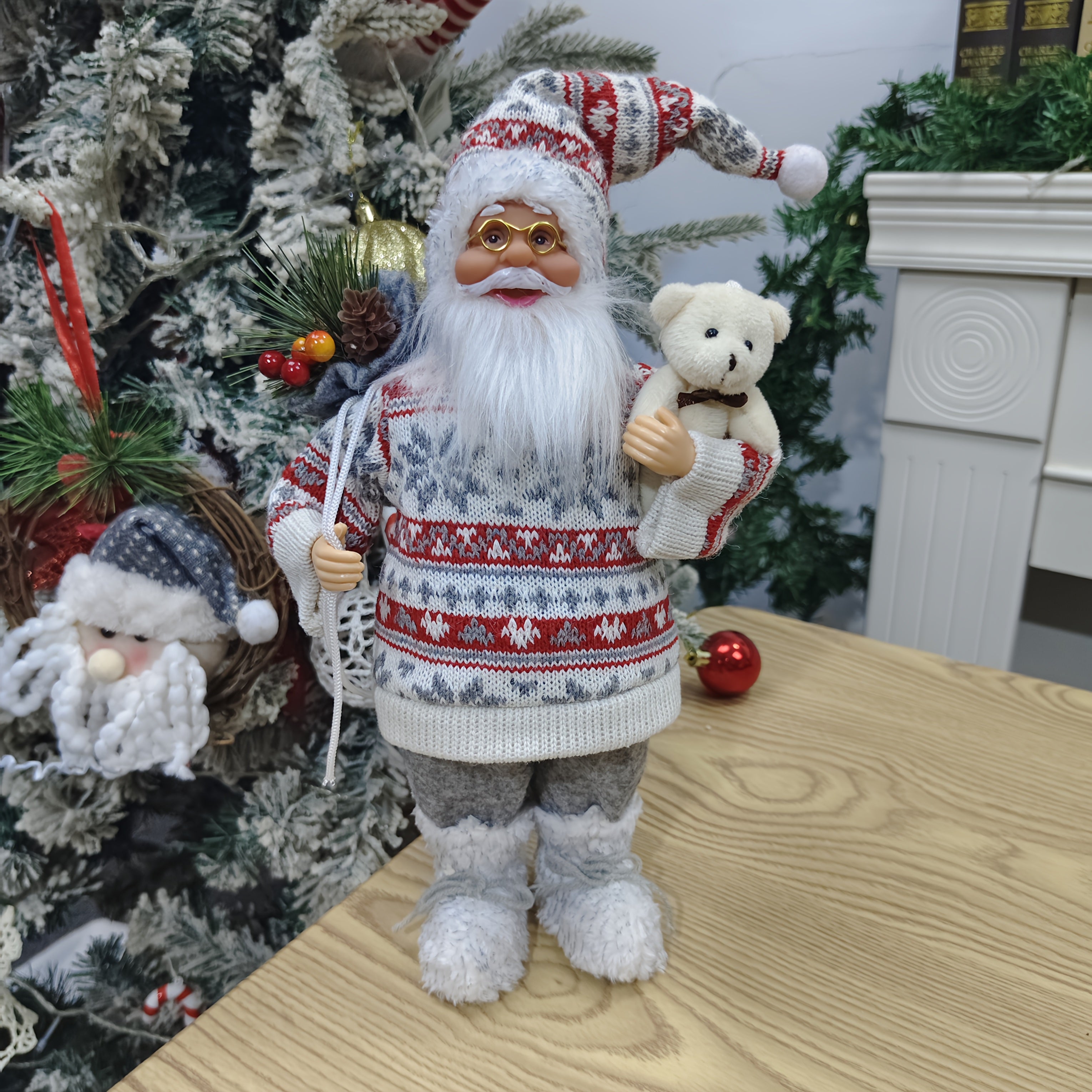 1pc Large 12-inch (30cm) Life-Size Collectible Santa Claus Doll with Expressive Eyes, Posable Arms & Sitting Base - Durable Plastic//Fabric Construction for Indoor Christmas Tree & Home Decorations, Year-Round Display - Ideal House Of Avana