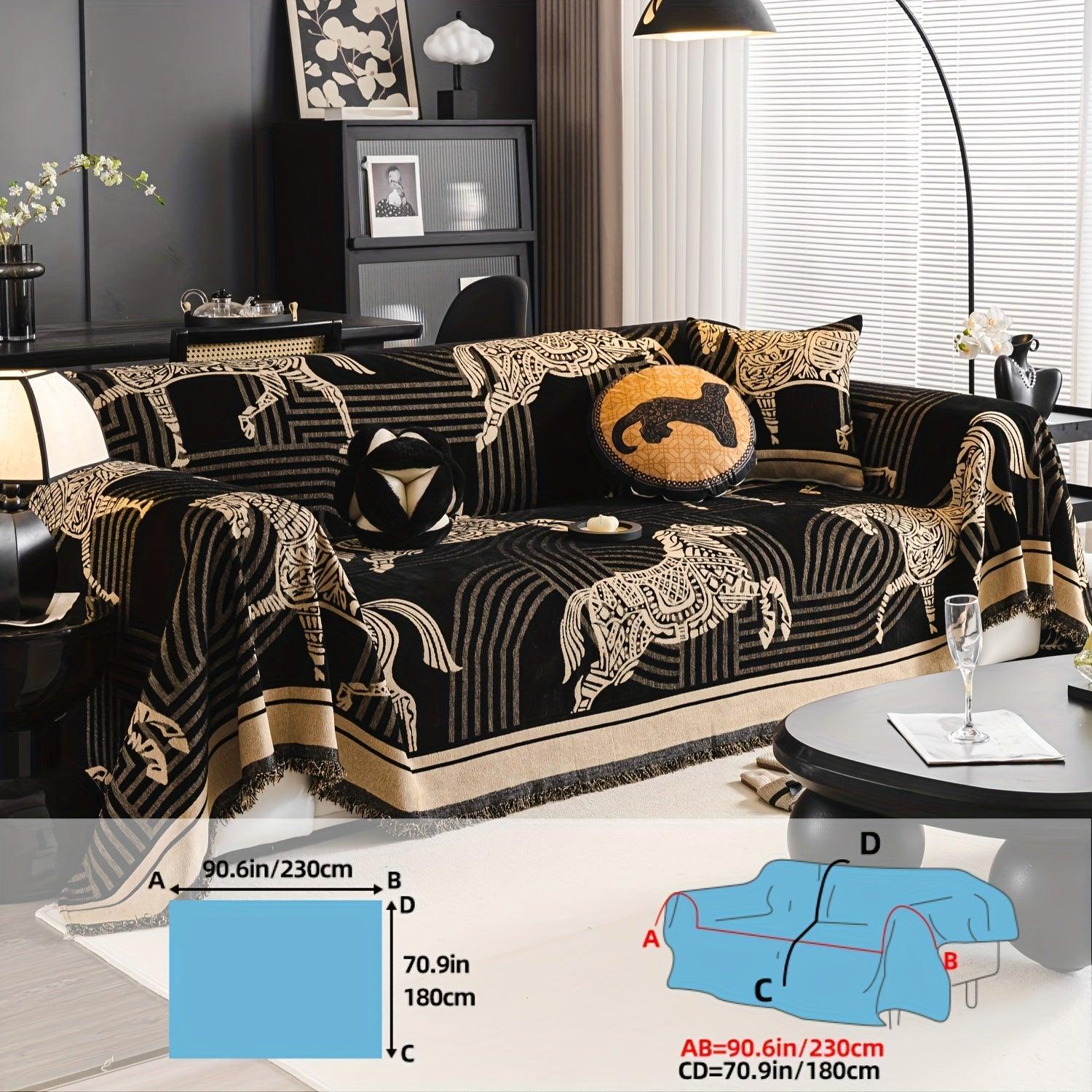 Luxurious Chenille Horse Design Sofa Cover Decor in Orange & Green topspet