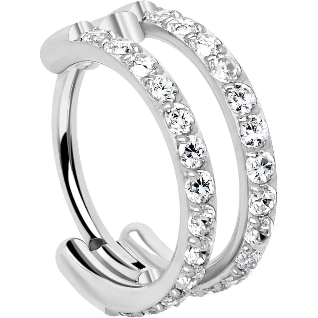 20G Double Row Micro Gem Implant Grade Titanium Hinged Double Hoop Nose Ring