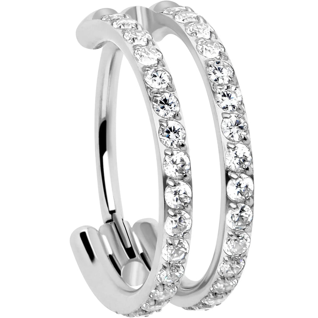 20G Double Row Micro Gem Implant Grade Titanium Hinged Double Hoop Nose Ring