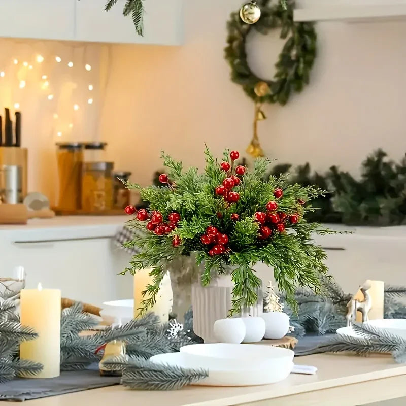 20pcs Realistic Artificial Pine Branches with Red Berries - Green Plastic Christmas Sprigs for DIY Wreaths, Garlands, Table Centerpieces, Winter & Holiday Decor (Vase Not Included) - Fake Pine Needles for Home Decoration, Chr House Of Avana