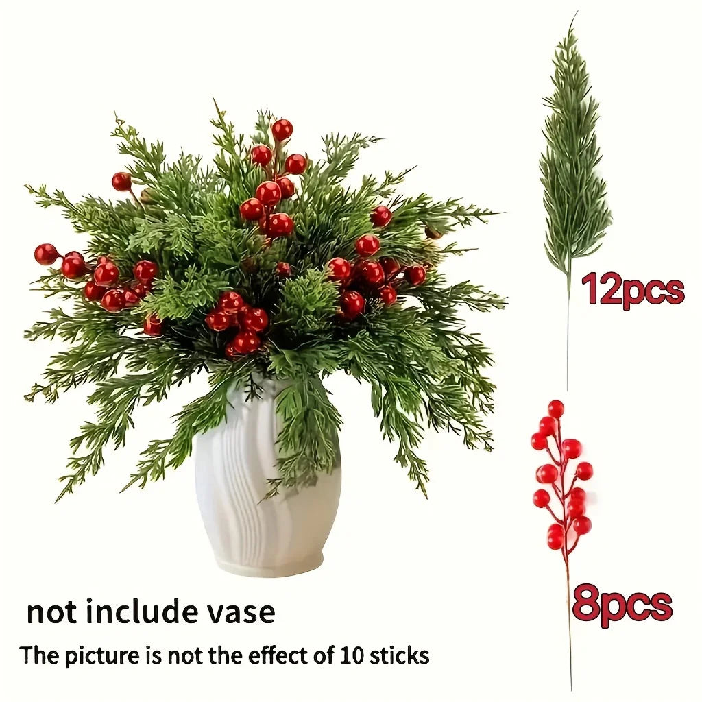 20pcs Realistic Artificial Pine Branches with Red Berries - Green Plastic Christmas Sprigs for DIY Wreaths, Garlands, Table Centerpieces, Winter & Holiday Decor (Vase Not Included) - Fake Pine Needles for Home Decoration, Chr House Of Avana
