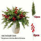20pcs Realistic Artificial Pine Branches with Red Berries - Green Plastic Christmas Sprigs for DIY Wreaths, Garlands, Table Centerpieces, Winter & Holiday Decor (Vase Not Included) - Fake Pine Needles for Home Decoration, Chr House Of Avana