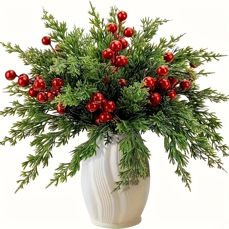 20pcs Realistic Artificial Pine Branches with Red Berries - Green Plastic Christmas Sprigs for DIY Wreaths, Garlands, Table Centerpieces, Winter & Holiday Decor (Vase Not Included) - Fake Pine Needles for Home Decoration, Chr House Of Avana