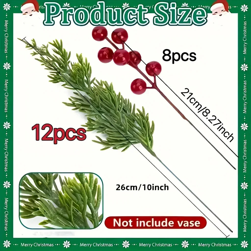 20pcs Realistic Artificial Pine Branches with Red Berries - Green Plastic Christmas Sprigs for DIY Wreaths, Garlands, Table Centerpieces, Winter & Holiday Decor (Vase Not Included) - Fake Pine Needles for Home Decoration, Chr House Of Avana
