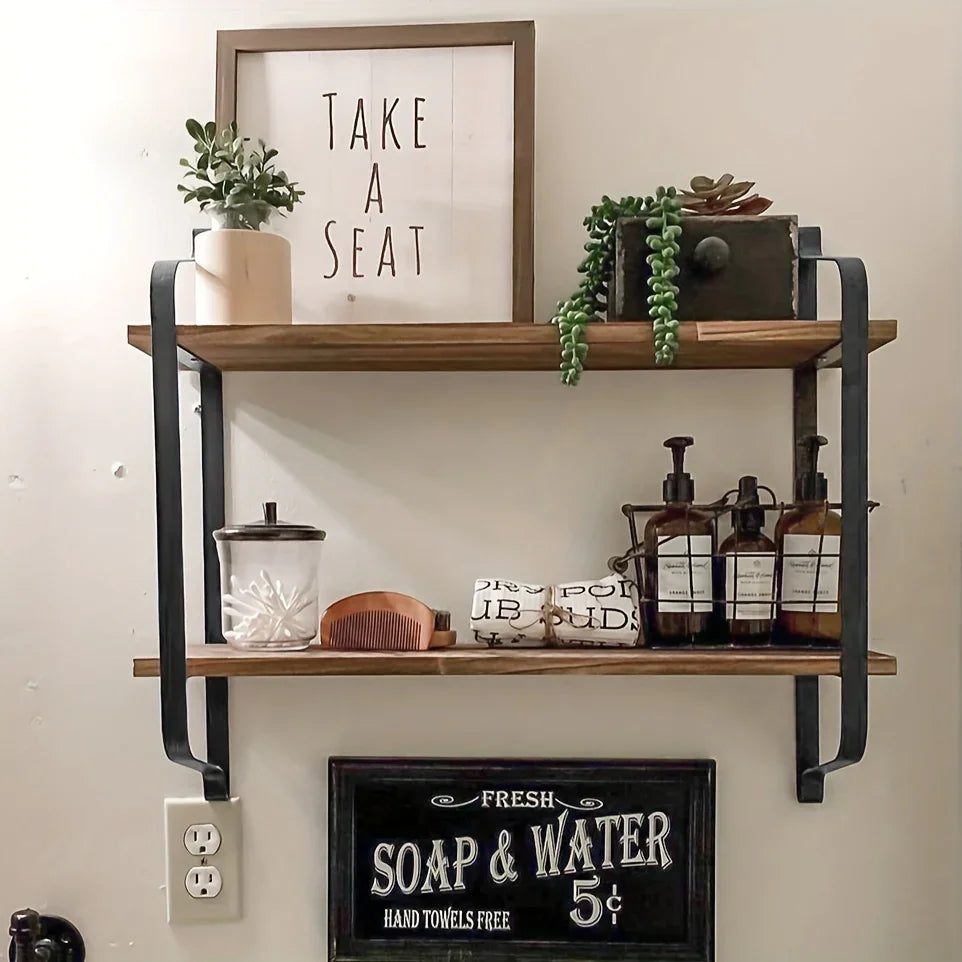 AESOME Classic Wood Floating Shelves with Dual Layers - Rustic Wall Mount Display Rack for Kitchen, Living Room, Cookbooks, Plants, Storage Organizer for Bedroom, Bathroom - Flower Theme, No Electricity Needed House Of Avana