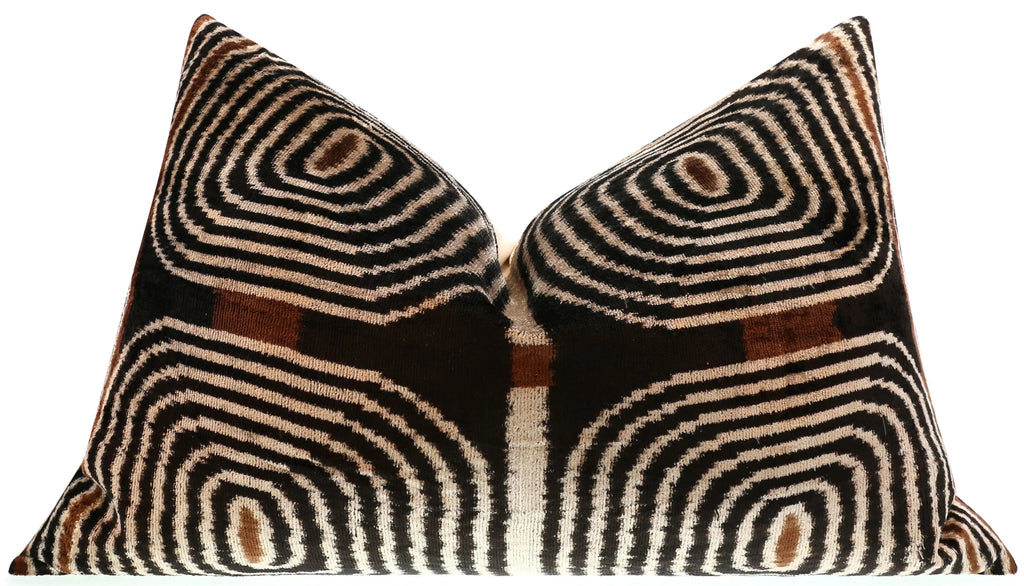 Handmade Modern Geometric Silk Velvet Throw Pillow - 16x24, Black and Cream with Down Feather Insert Canvello