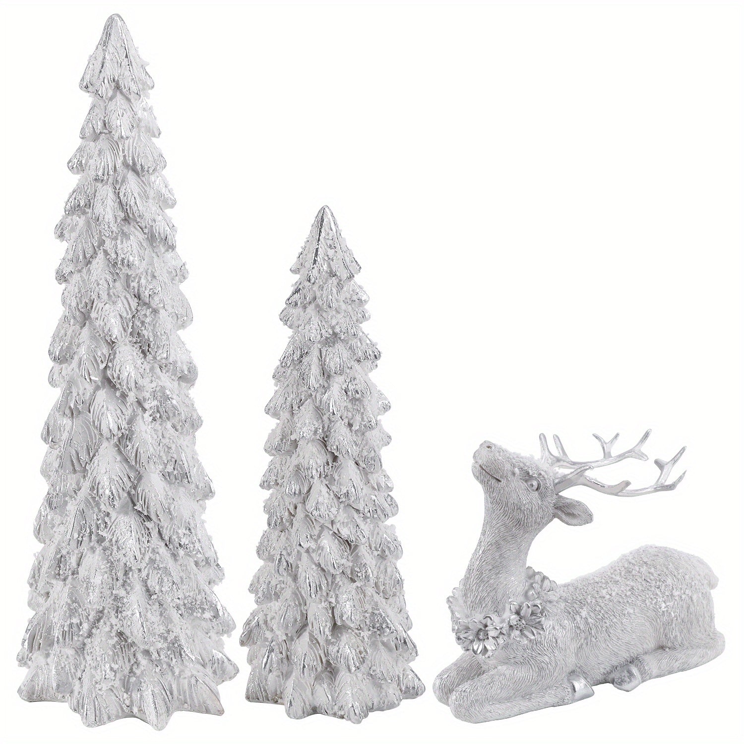 3pcs Christmas Tree & Reindeer Statue Christmas Decoration Set - 2 Sparkling Christmas Tree Statues And 1 Deer Vintage Christmas Decoration Set, Resin Ornaments Tabletop Shelf Office Indoor Display Stand, Resin Figurine, Tabl House Of Avana