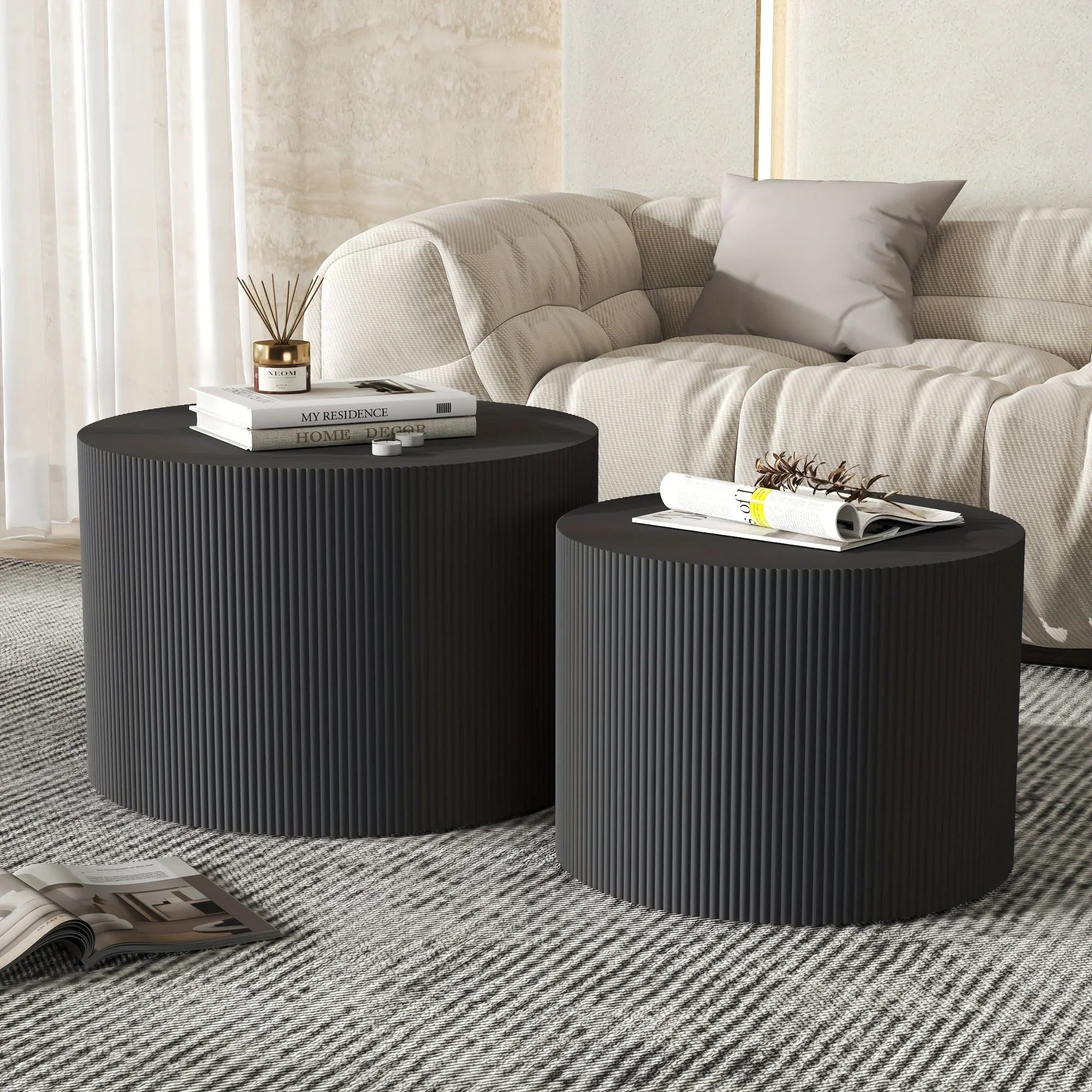 23.6" Vertical Grain Round Wooden Coffee Tables, Modern Nesting Coffee Table Set of 2, Indoor Side Table... - House Of Avana