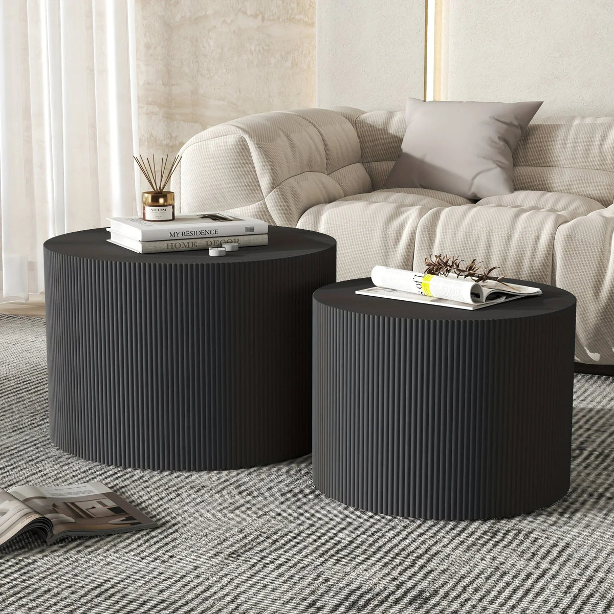 23.6" Vertical Grain Round Wooden Coffee Tables, Modern Nesting Coffee Table Set of 2, Indoor Side Table... - House Of Avana [[SKU:HOA-COF-018]]
