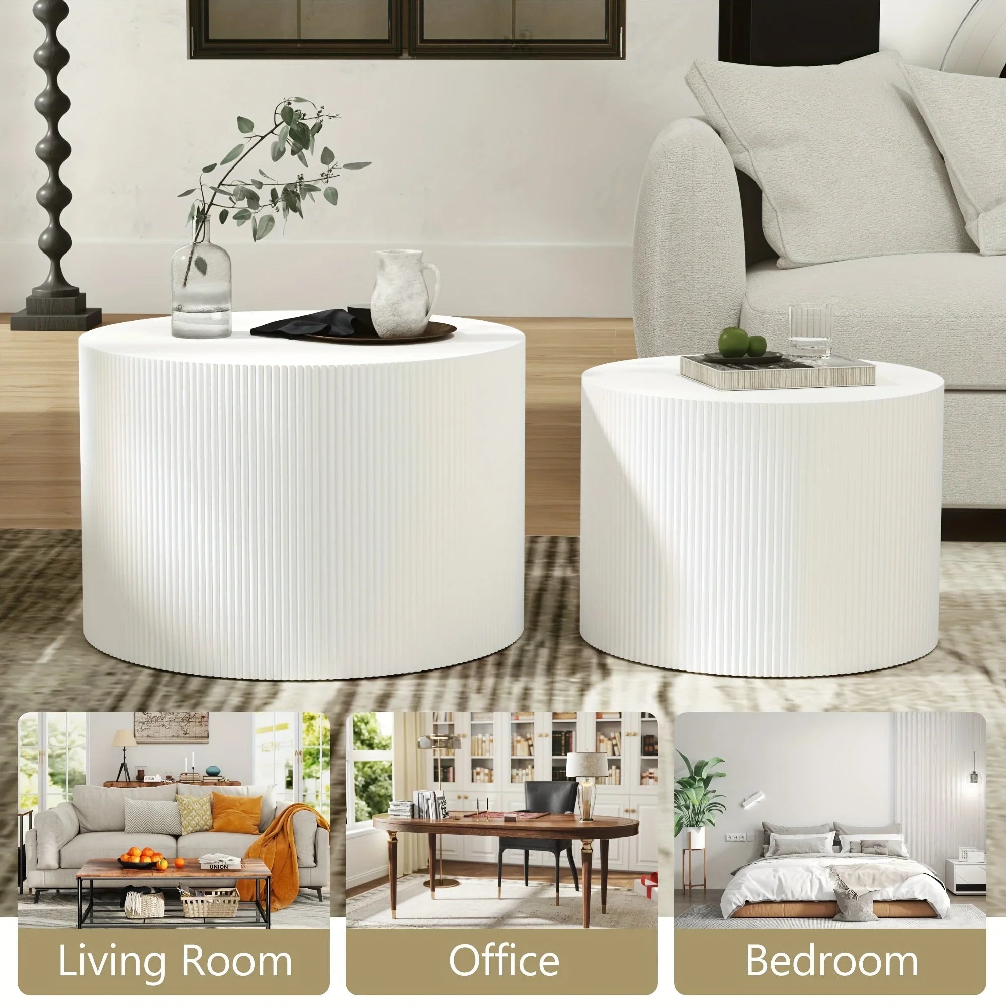 23.6" Vertical Grain Round Wooden Coffee Tables, Modern Nesting Coffee Table Set of 2, Indoor Side Table... - House Of Avana