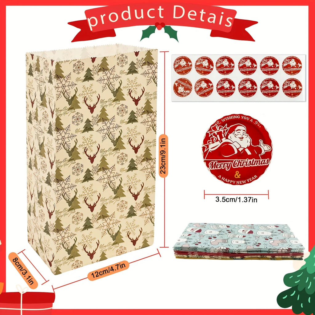 24pcs Set: 12 Assorted Gift Bags + 12 Red Sealing Stickers - DABONAS Christmas Snowflake and Reindeer Holiday Paper Goodie Bag with Decals, for Parties & Festive Celebrations, Holiday Gift Wrapping, Gift Bag Sealing, Holiday House Of Avana