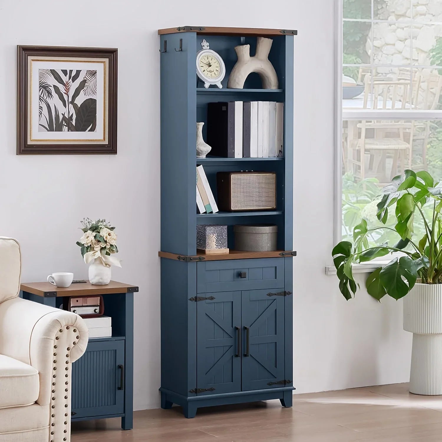 Farmhouse Bookcase With Storage Cabinet, 72" Tall Bookshelf With Adjustable Shelves, 4-Tier Open Wood Shelf Bookcase For Home Office, Living Room House Of Avana