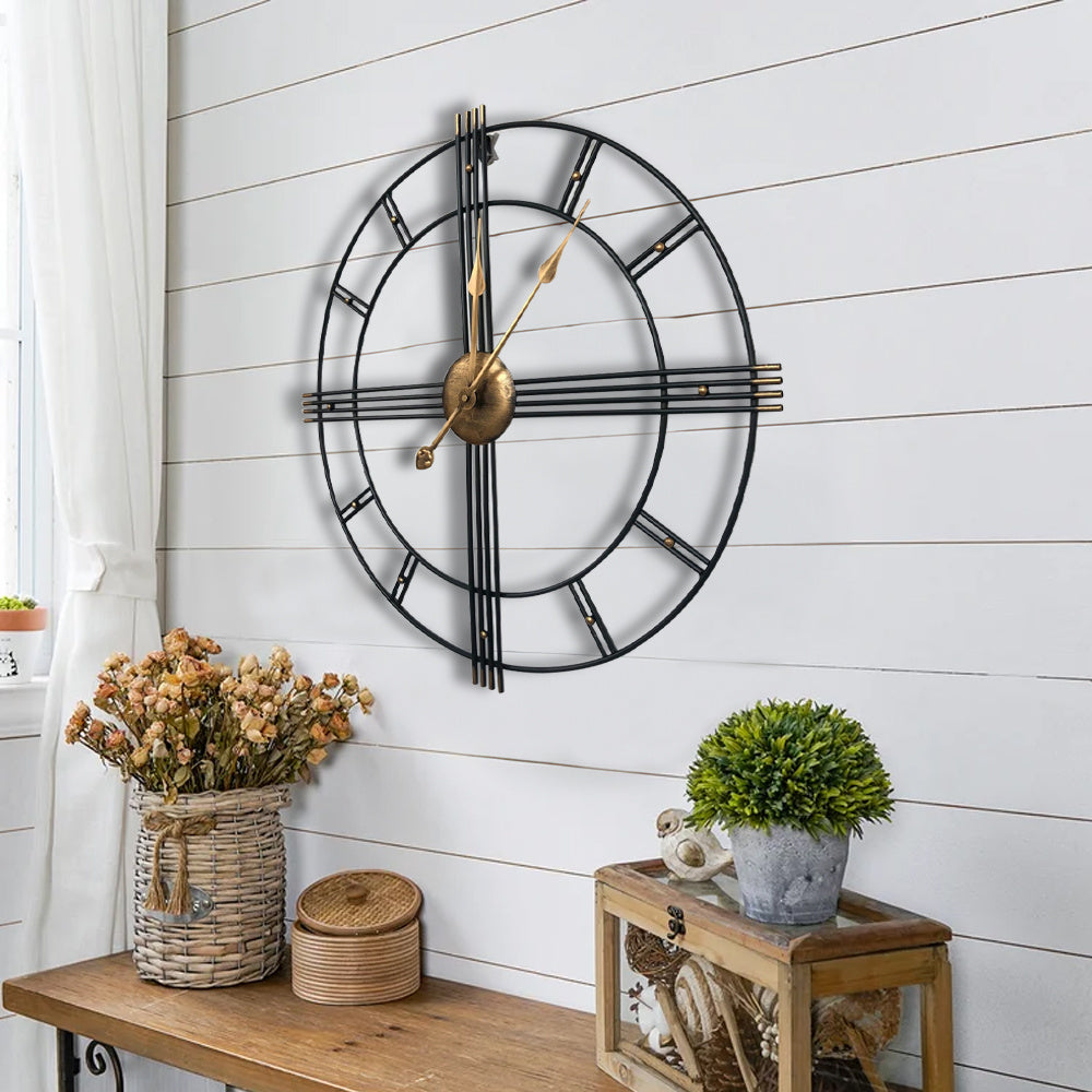 60cm Extra Large Metal Skeleton Wall Clock, European Retro Creative Wrought Iron Round Wall Clock Roman Numerals Silent Non Ticking Unique Unusual Clock, Outdoor Garden Clock, Perfect for Living Room, Bedroom, Kitchen, Garden House Of Avana