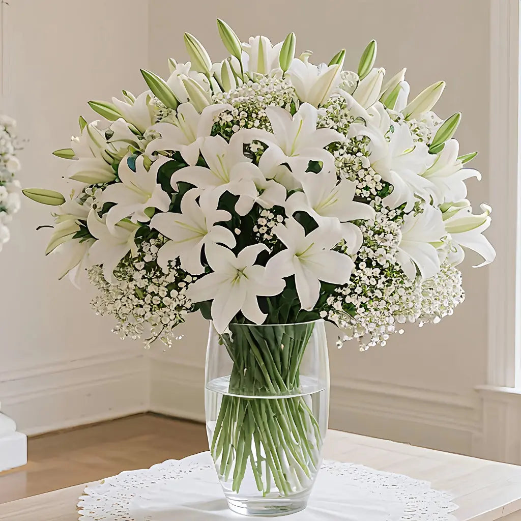 28 Artificial Flower Bouquets - Realistic White Lilies and 's Breath (20 Lilies + 's Breath) - Made of... - House Of Avana
