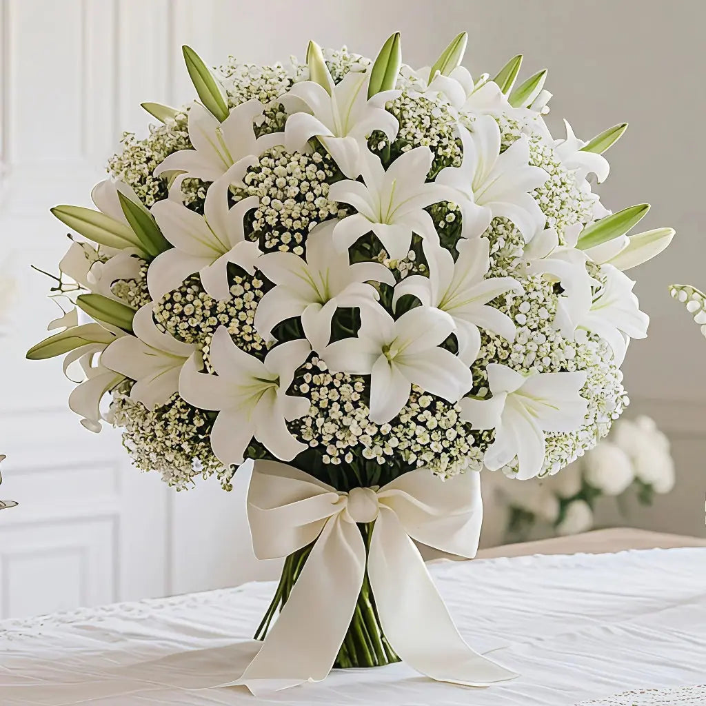 28 Artificial Flower Bouquets - Realistic White Lilies and 's Breath (20 Lilies + 's Breath) - Made of... - House Of Avana