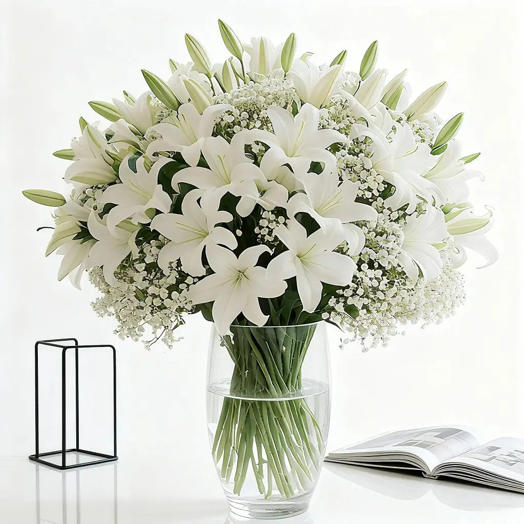 28 Artificial Flower Bouquets - Realistic White Lilies and 's Breath (20 Lilies + 's Breath) - Made of... - House Of Avana