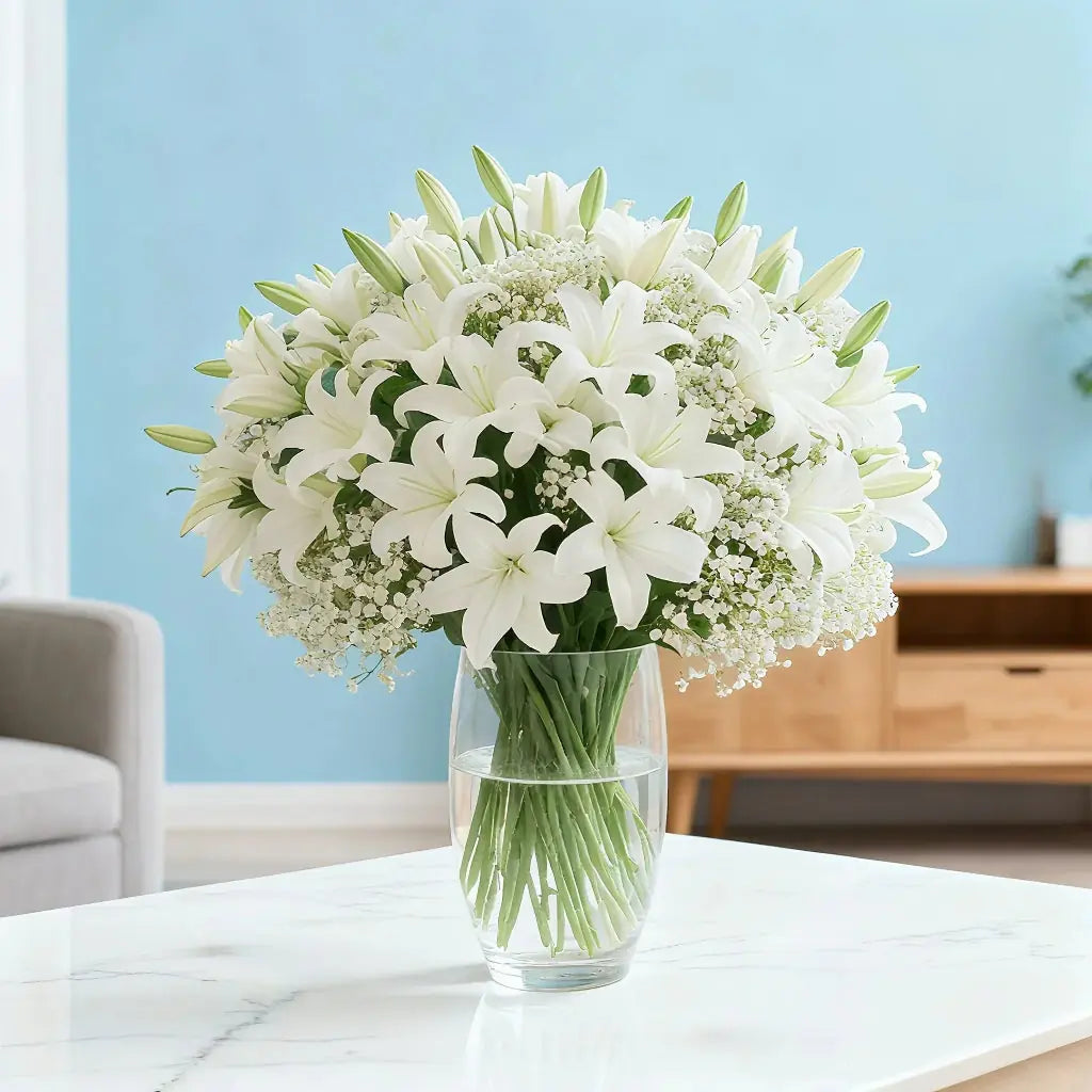 28 Artificial Flower Bouquets - Realistic White Lilies and 's Breath (20 Lilies + 's Breath) - Made of... - House Of Avana