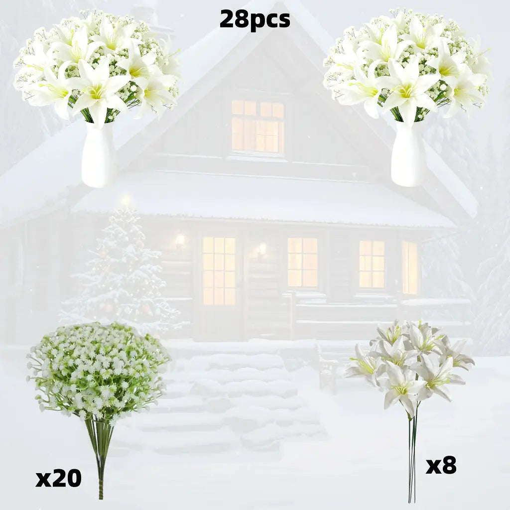 28 Artificial Flower Bouquets - Realistic White Lilies and 's Breath (20 Lilies + 's Breath) - Made of... - House Of Avana