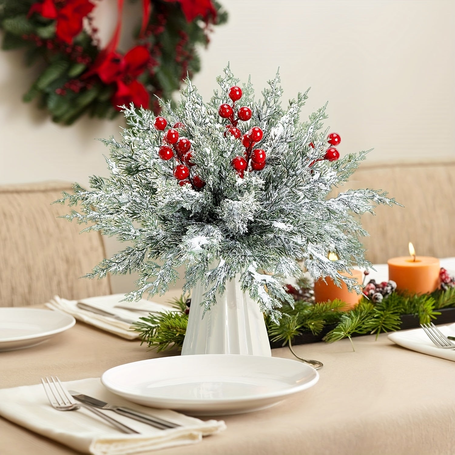 SHARKBEE 18pcs Artificial Pine Branches with Red Berry Picks 27.94cm Winter Christmas Greenery Fake Juniper Leaves Norfolk Pine Stems Needles for Craft Wreath Garland Vase House Of Avana