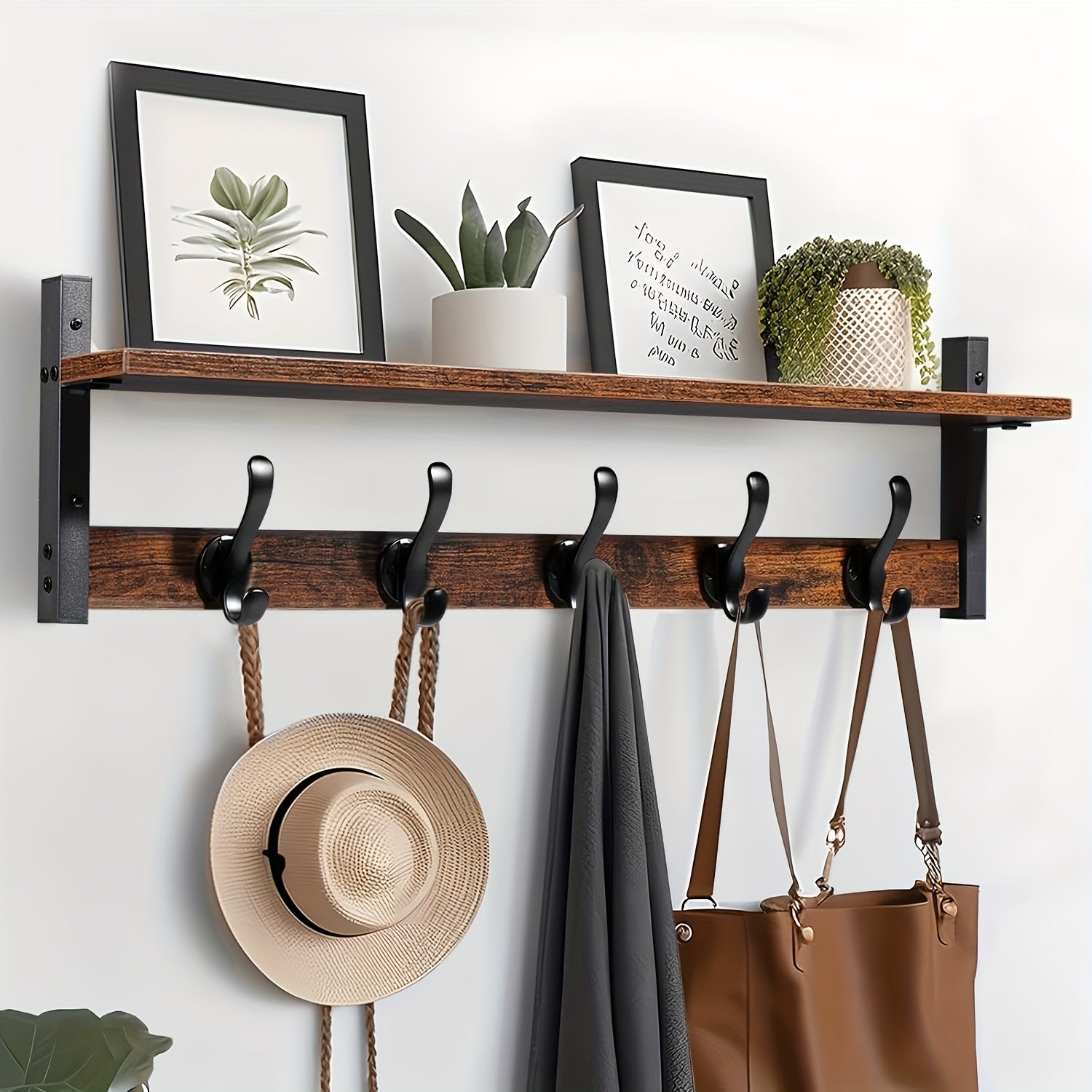 29 Inch Rustic Wooden Wall-Mounted Coat Rack with Hooks & Shelves - Heavy Duty Double Hooks for Entryway, Bathroom, Living Room, Bedroom, Hallway - Space-Saving Storage Organizer, Entryway Organizer|Rustic Wall Mount|Wooden C House Of Avana
