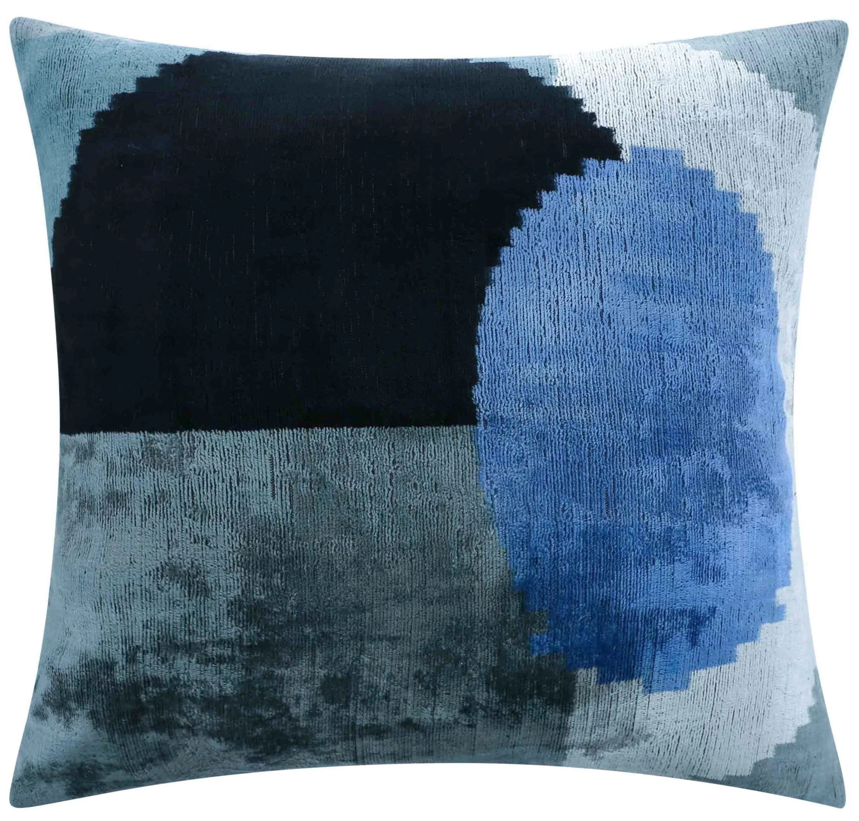 Handmade Silk Velvet Abstract Throw Pillow - 20x20, Modern Blue, Black, and Gray Design with Down Feather Insert Canvello