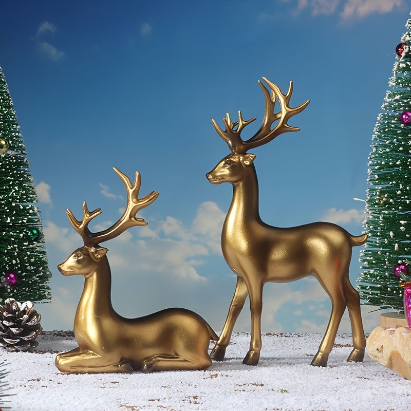2pcs Black & Golden Deer Figurines - Elegant Standing Deer Statues with Antlers, Durable Plastic Christmas Decor for Home, Office, Living Room House Of Avana