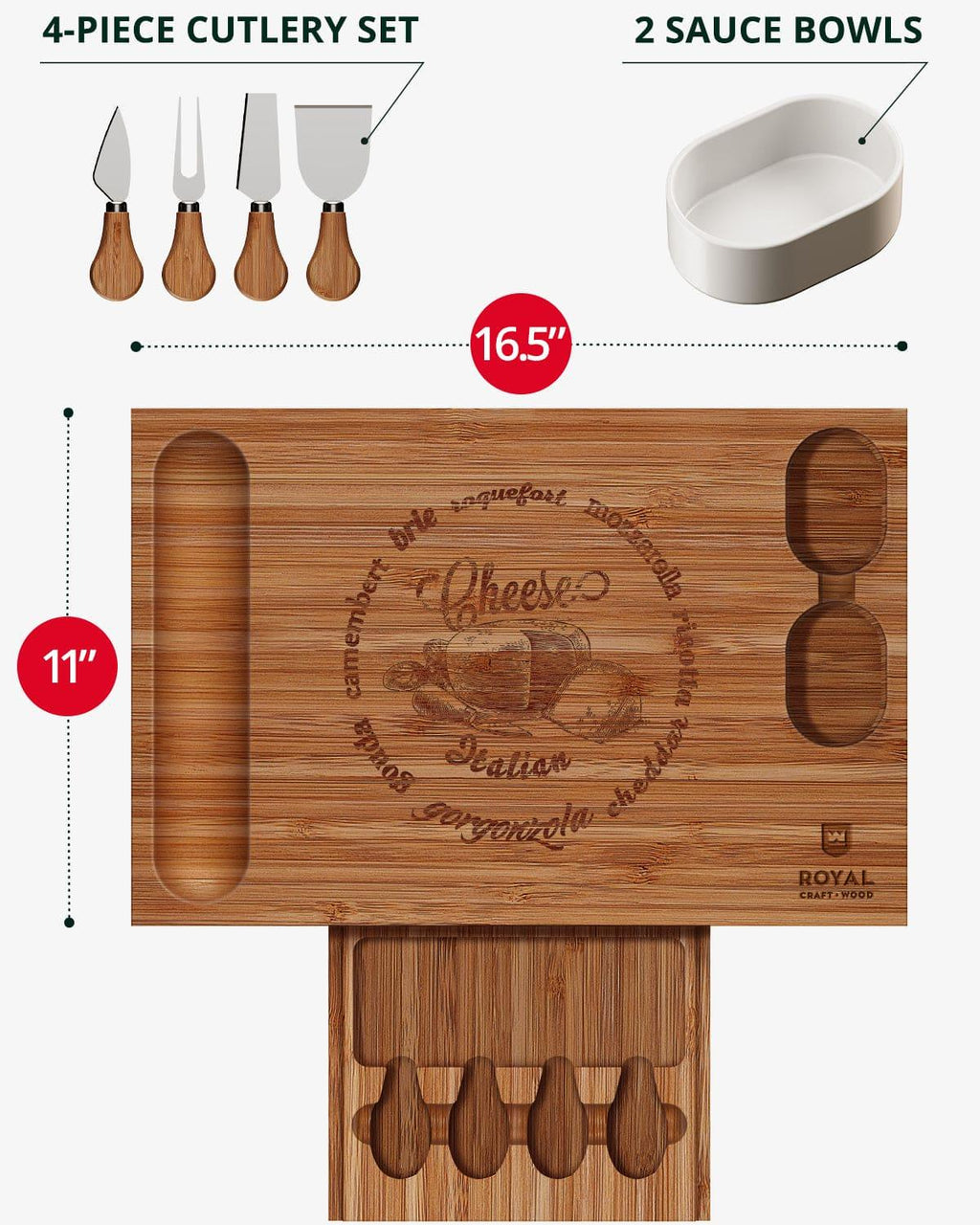 Cheese Board Set w/knives, 16.5“x11”, Brown Royal Craft Wood