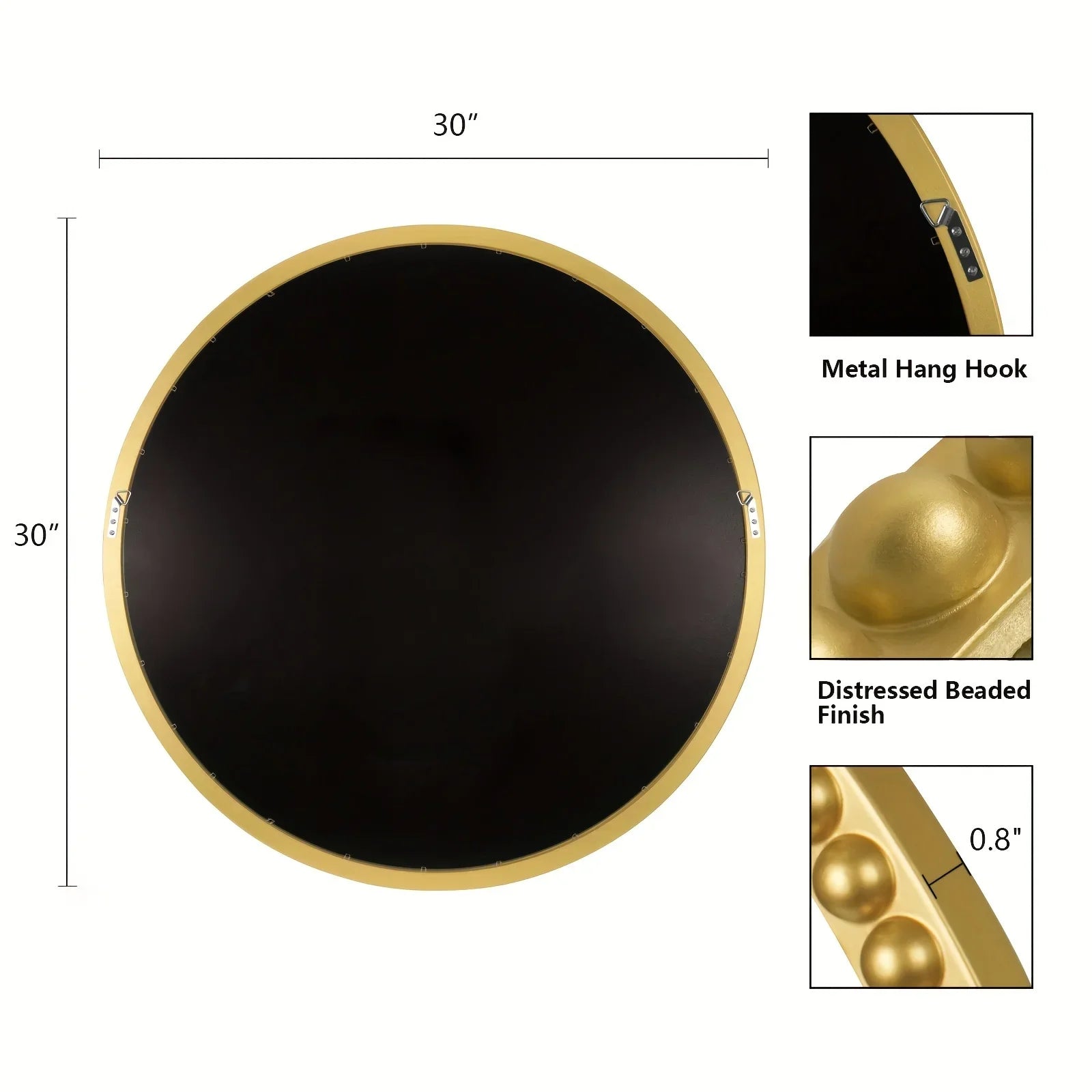 Beaded Round Mirror, 30 inch Large Round Mirror with Gold Beaded Wall Decorative Mirrors for Bathroom Entryway Living Room Bedroom - House Of Avana