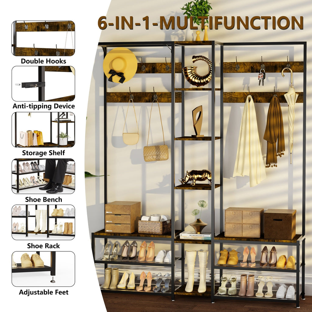 178.5cm H Coat Rack Shoe Bench: Industrial Corner Coat Stand with Shoe Rack Storage Bench for Entryway, Coat Rack Stand with 10 Hooks for Living Room, Bedroom, Rustic Brown House Of Avana