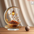 2D acrylic crescent moon and star tabletop decor with golden accents and lantern for Ramadan celebrations.