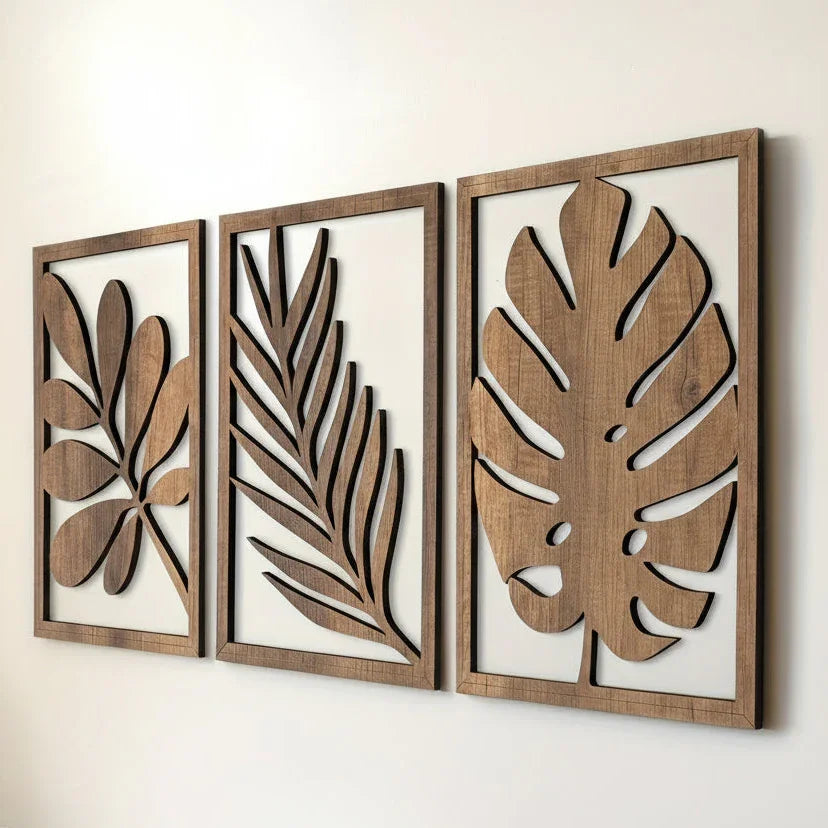 2D Flat, Set of 3 Rustic Flat Wall Sculptures - Wooden Turtleback Bamboo Palm Leaves Wall Hanging Decoration, Rectangular Wall Decor Wooden Crafts - Vintage Home Decor Large Leaf Wall Arts for Living Room, Bedroom, and Office House Of Avana
