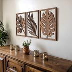 2D Flat, Set of 3 Rustic Flat Wall Sculptures - Wooden Turtleback Bamboo Palm Leaves Wall Hanging Decoration, Rectangular Wall Decor Wooden Crafts - Vintage Home Decor Large Leaf Wall Arts for Living Room, Bedroom, and Office House Of Avana