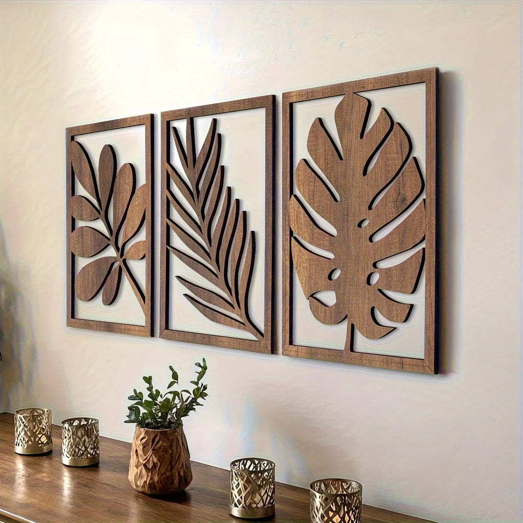 2D Flat, Set of 3 Rustic Flat Wall Sculptures - Wooden Turtleback Bamboo Palm Leaves Wall Hanging Decoration, Rectangular Wall Decor Wooden Crafts - Vintage Home Decor Large Leaf Wall Arts for Living Room, Bedroom, and Office House Of Avana
