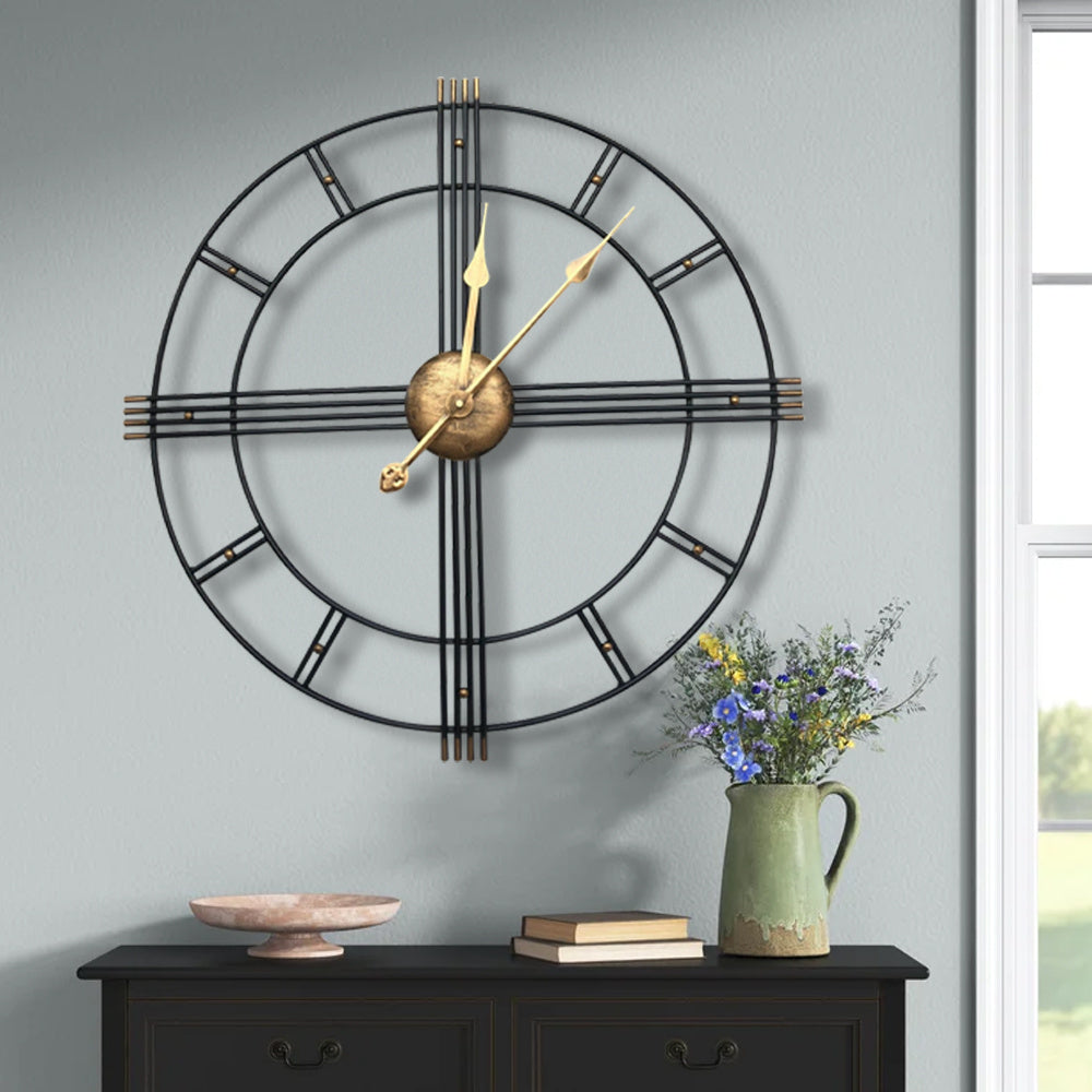 60cm Extra Large Metal Skeleton Wall Clock, European Retro Creative Wrought Iron Round Wall Clock Roman Numerals Silent Non Ticking Unique Unusual Clock, Outdoor Garden Clock, Perfect for Living Room, Bedroom, Kitchen, Garden House Of Avana