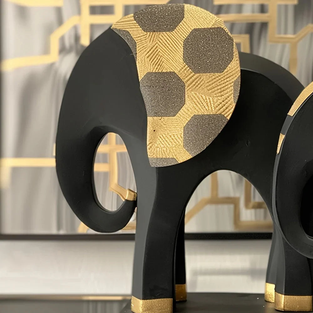 2pc Black Gold Elephant Statue Decor - House Of Avana