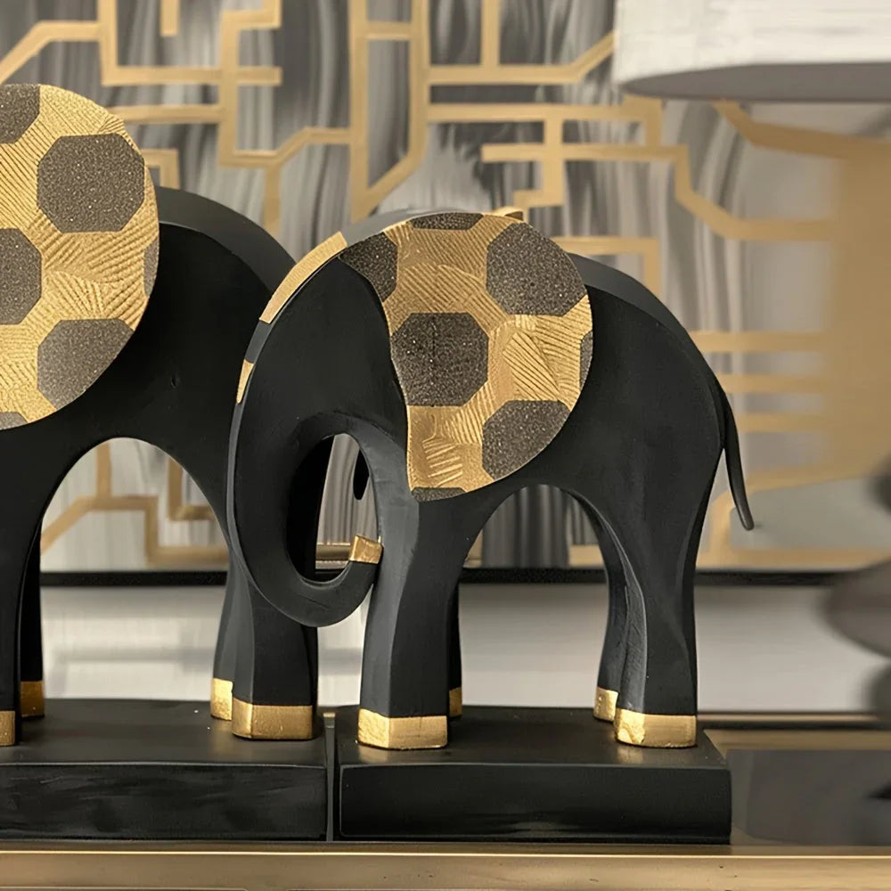 2pc Black Gold Elephant Statue Decor - House Of Avana